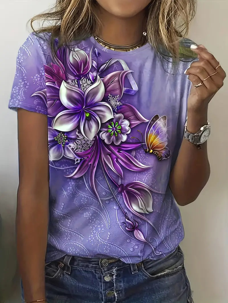 Carlisa | T-Shirt Floral Butterfly Short Sleeve Top
