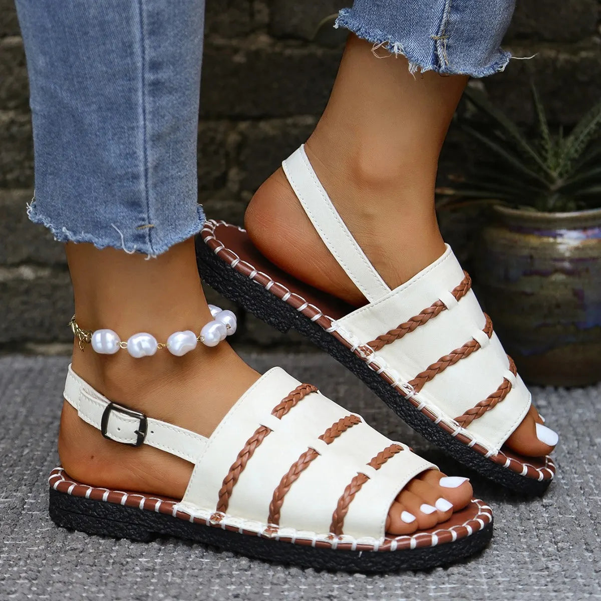 Samela | Braided Strap Buckle Flat Sandals