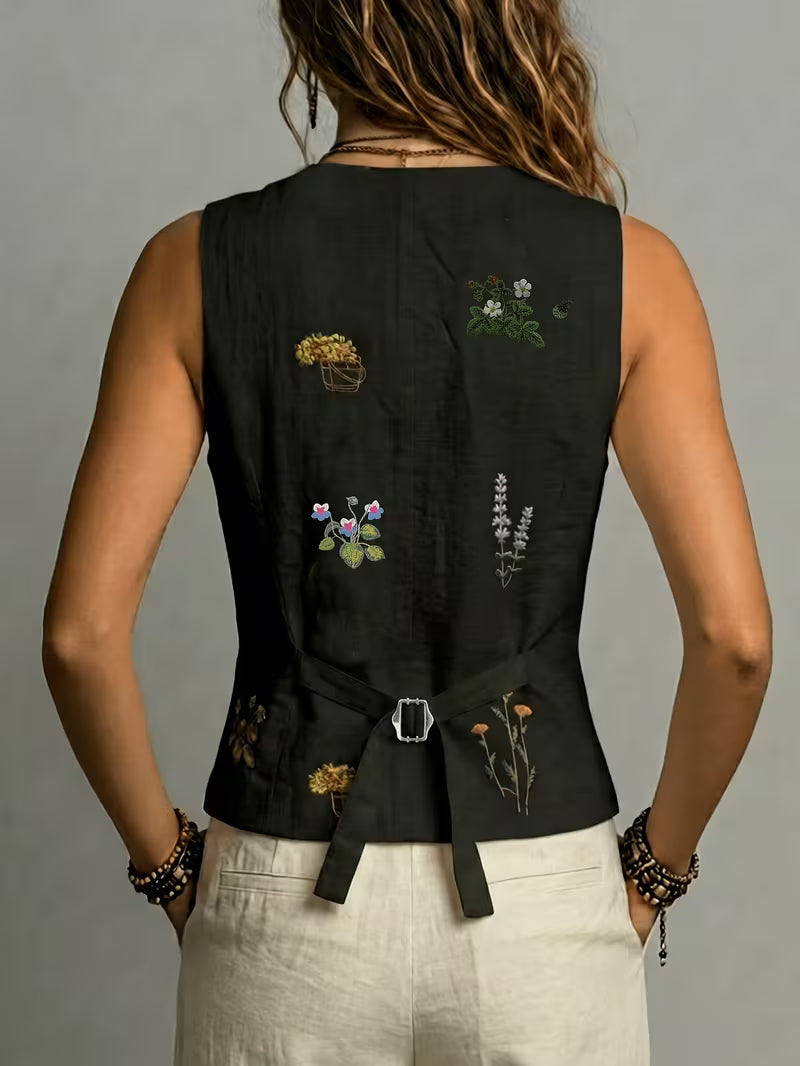 Elena | Embroidered Sleeveless Linen Vest