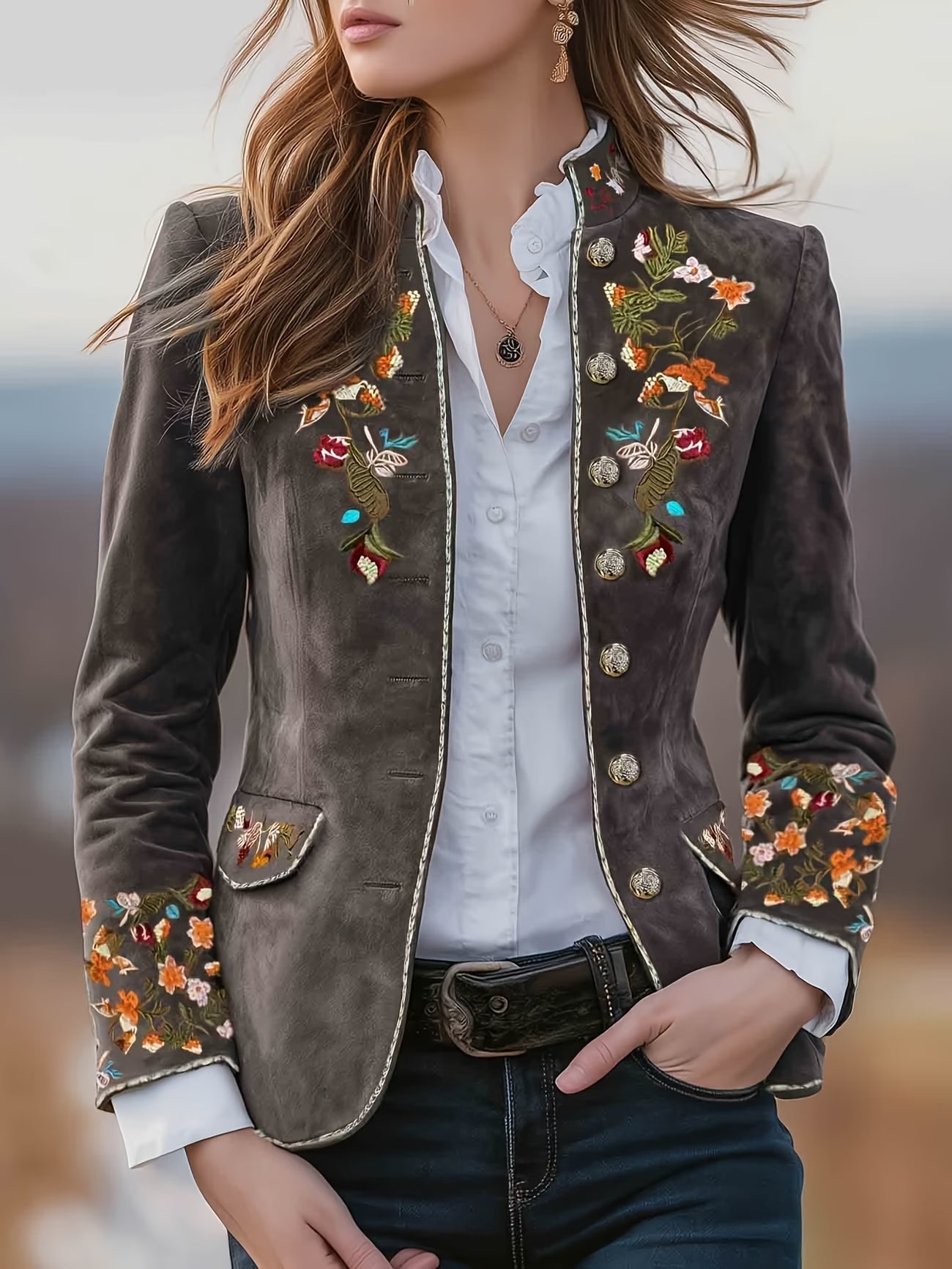 Anisaa | Embroidered Button Front Stand Collar Jacket