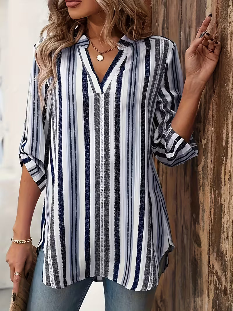 Elysis | V-neck Striped Loose Top with Adjustable Sleeves