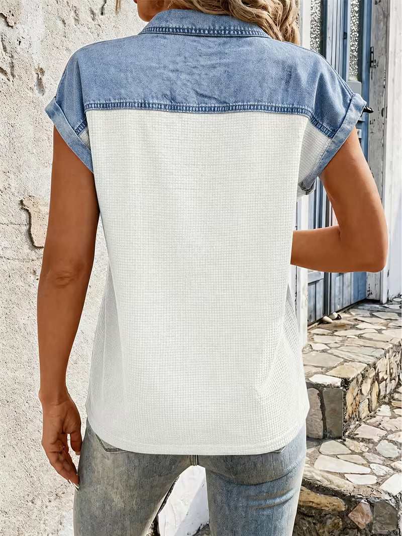 Haily | Denim Patchwork Collared Short Sleeve Top