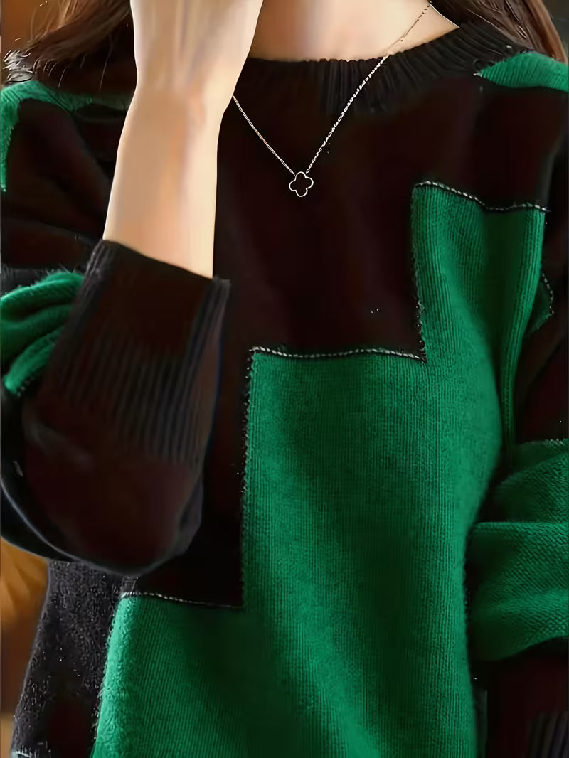 Marvelle | Color Block Crew Neck Long Sleeve Sweater