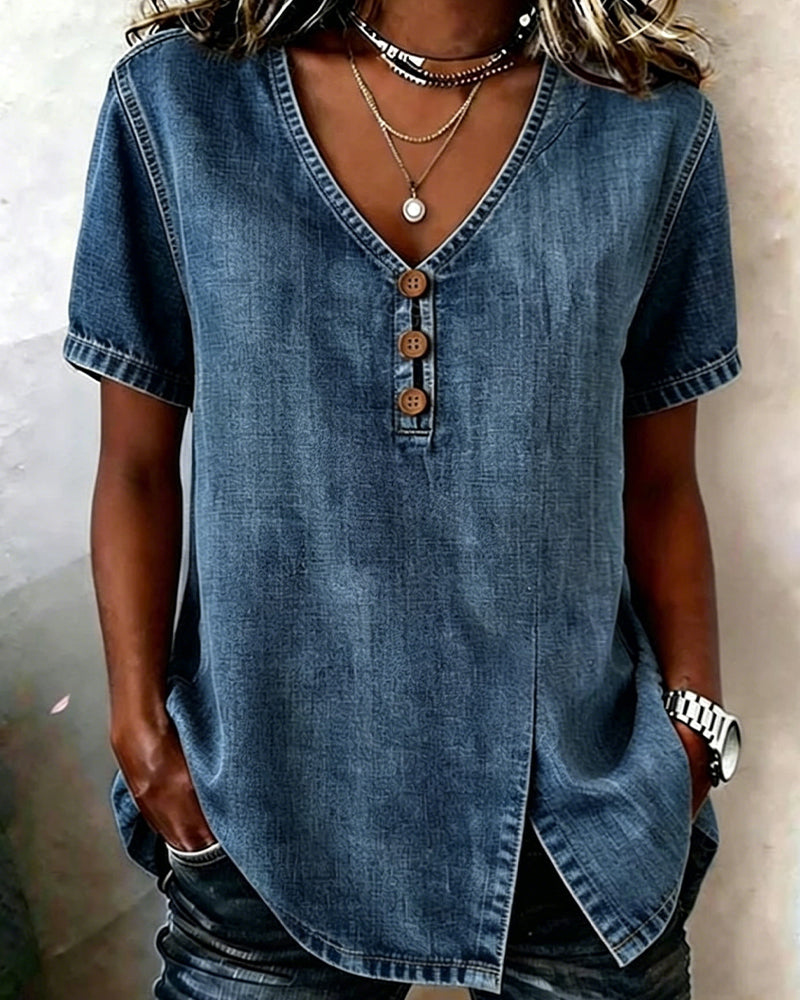 Lyjena - Denim Style V Neck Split Blouse