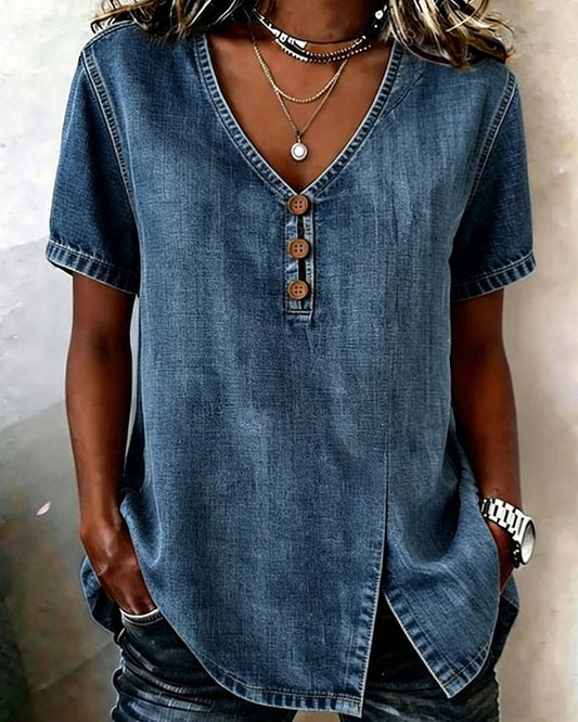 Lyjena - Denim Style V Neck Split Blouse
