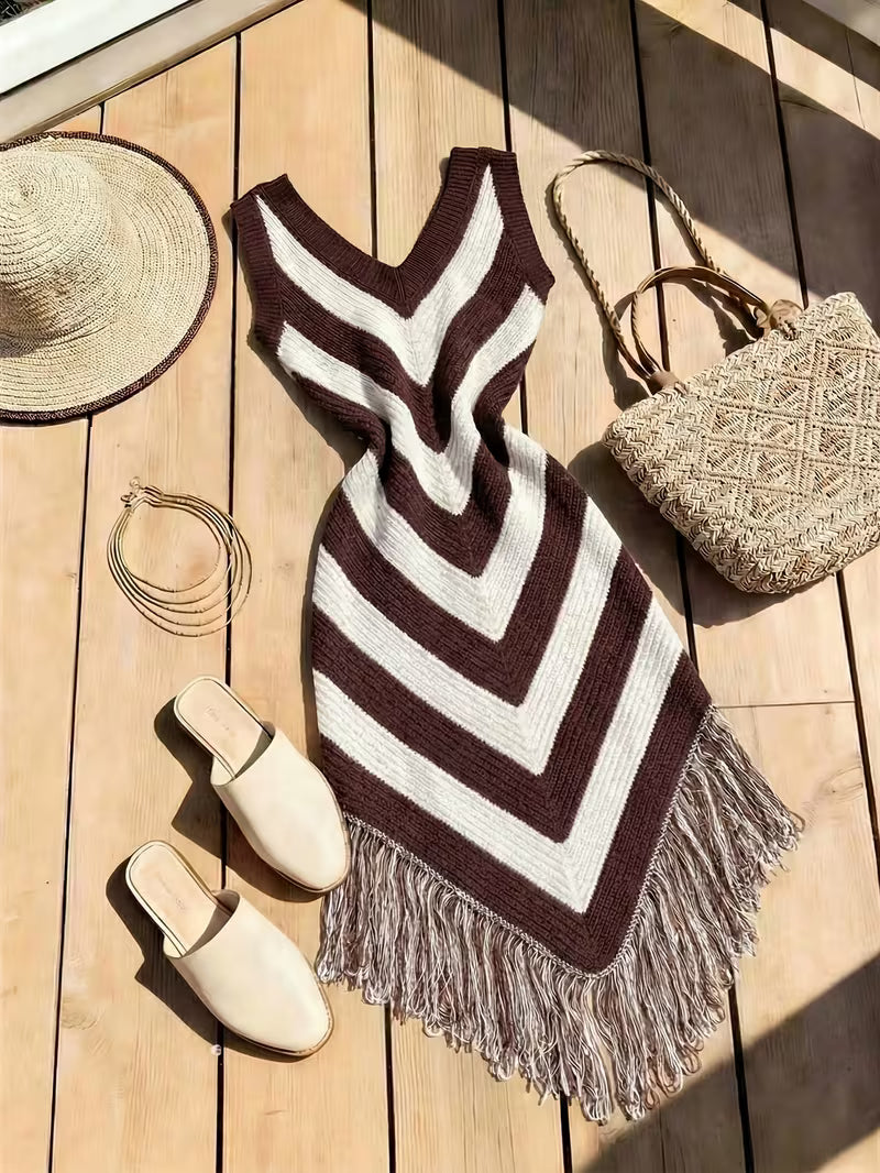 Foley | Sleeveless Chevron V-Neck Knitted Dress