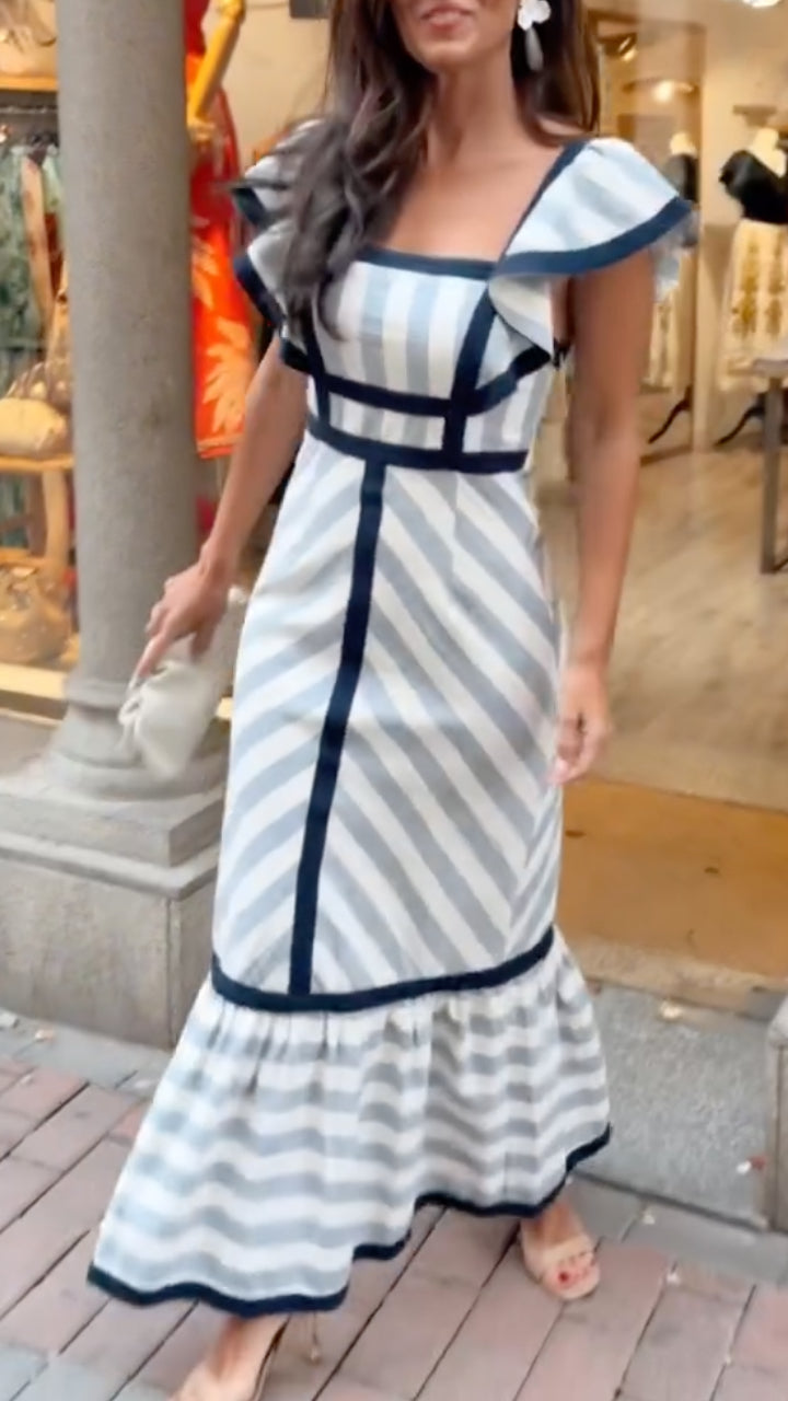 Lileeka | Striped Ruffle Sleeve Square Neck Dress