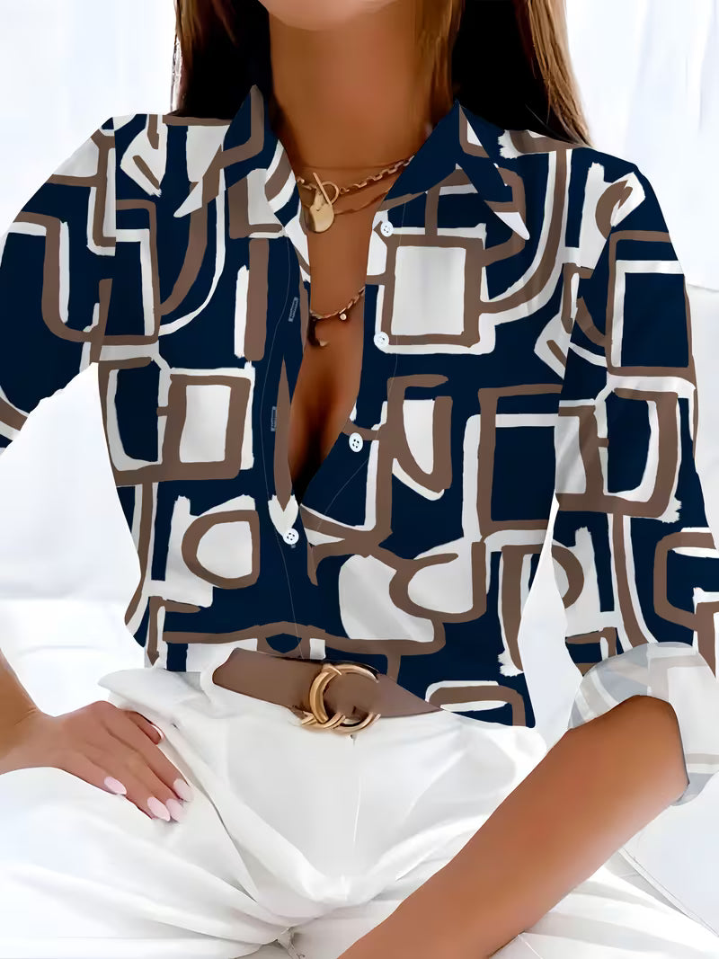 Vespia | Geometric Print Button-Up Shirt with Relaxed Fit