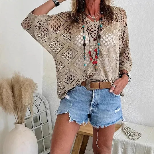 Raissa - Knitted V Neck Openwork Beach Top