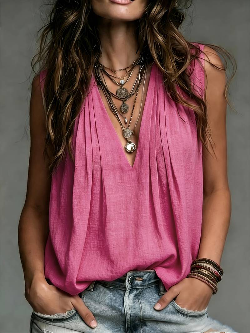 Reem | Sleeveless Pleated Deep V-Neck Blouse