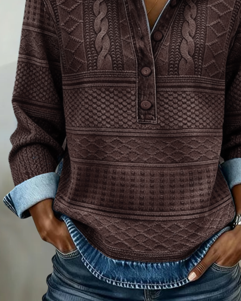Melkorka | Cable Knit Half Button Collared Sweatshirt
