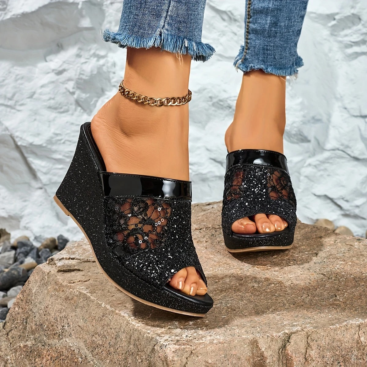 Alexis | Wedge Sandals With Lace Glitter Strap