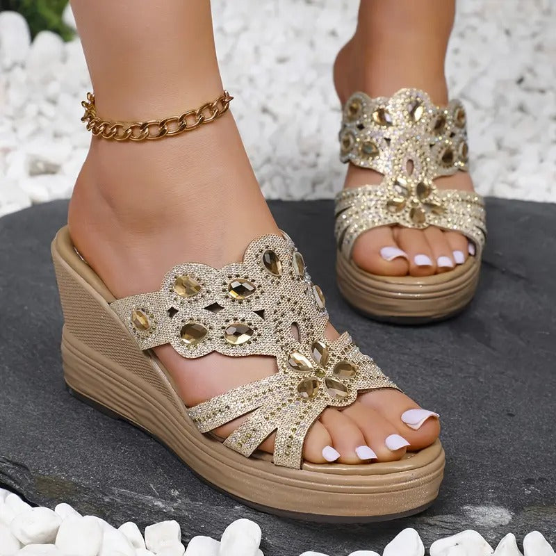 Lakeisha | Heeled Sandals Rhinestone Floral Slip-On