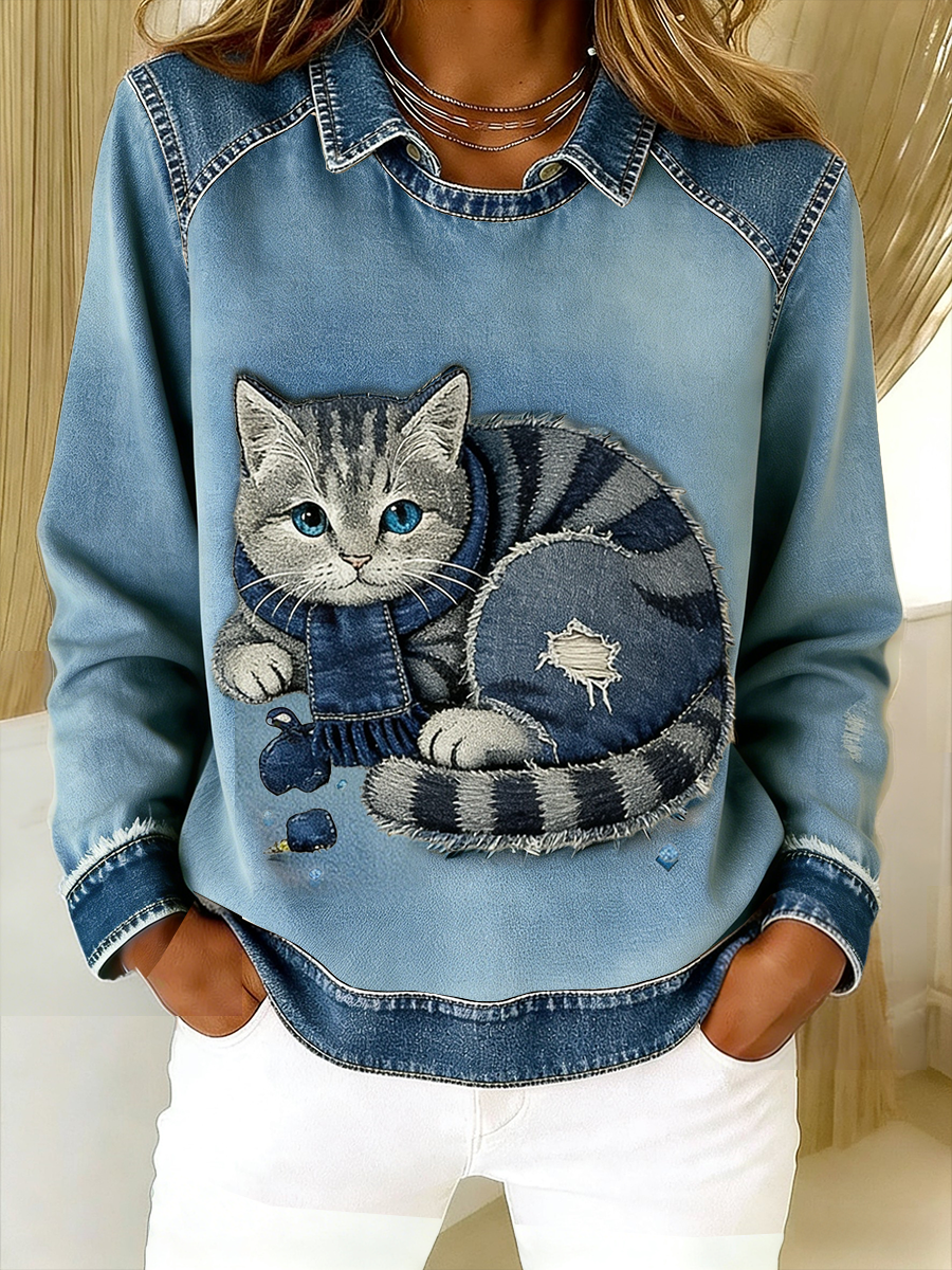 Eponin - Cat Print Denim Trim Sweatshirt