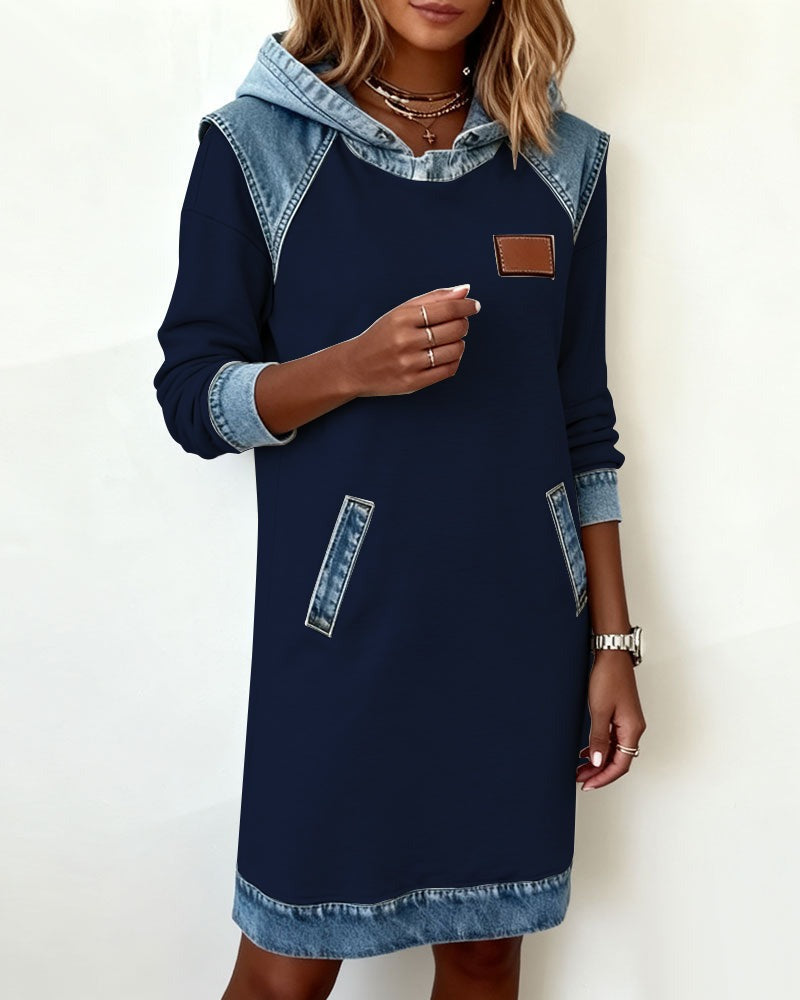 Viktoria - Hooded Denim Trim Sweatshirt Dress