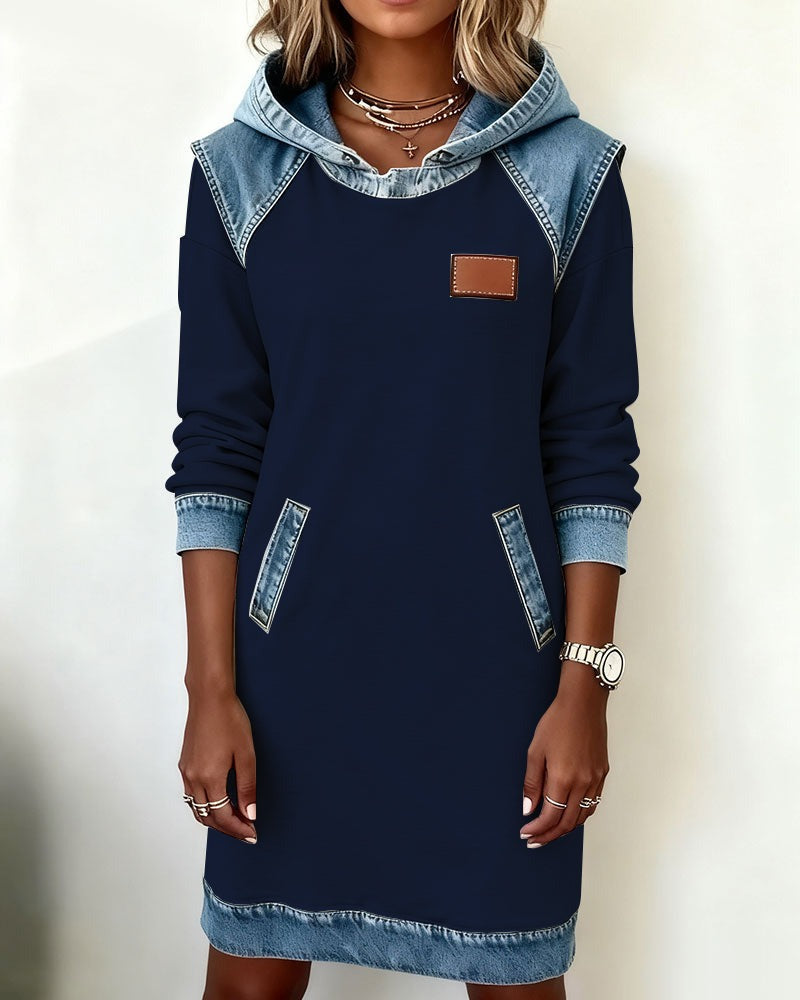 Viktoria - Hooded Denim Trim Sweatshirt Dress