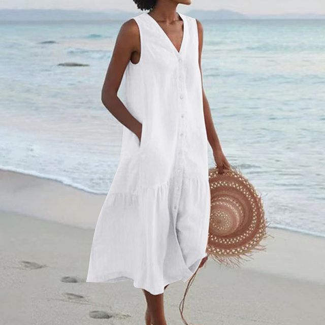 Maira | Sleeveless V Neck Button Midi Dress