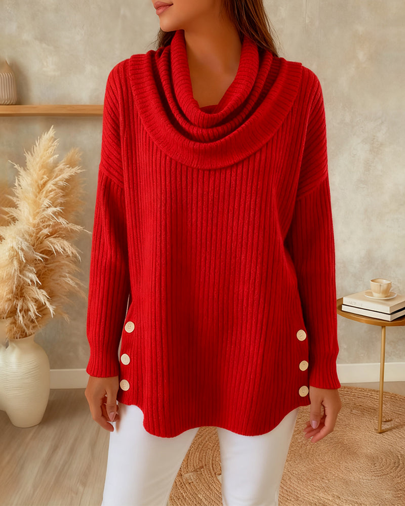 Eileen | Sweater Red Cowl Neck Ribbed Button Hem