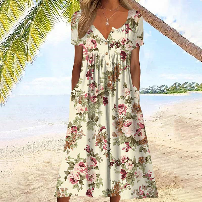 Aliyeen | Floral V Neck Short Sleeve Midi Dress