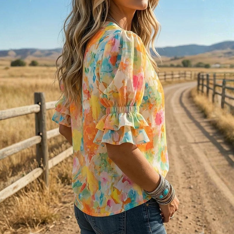 Suda | Floral V-Neck Short Sleeve Blouse