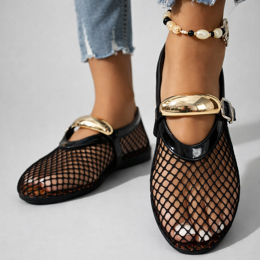 Anahi | Mesh Mary Jane Flats With Buckle Strap