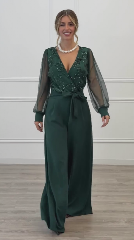 Meira - Embellished Mesh Sleeve Wide Leg Jumpsuit
