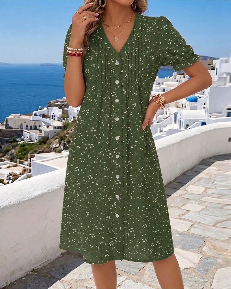 Dayma | Printed V Neck Button Front Dress