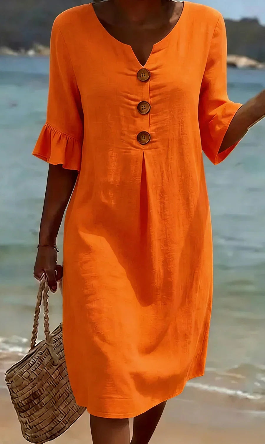 Mlaina - Button Front Ruffle Sleeve Midi Dress