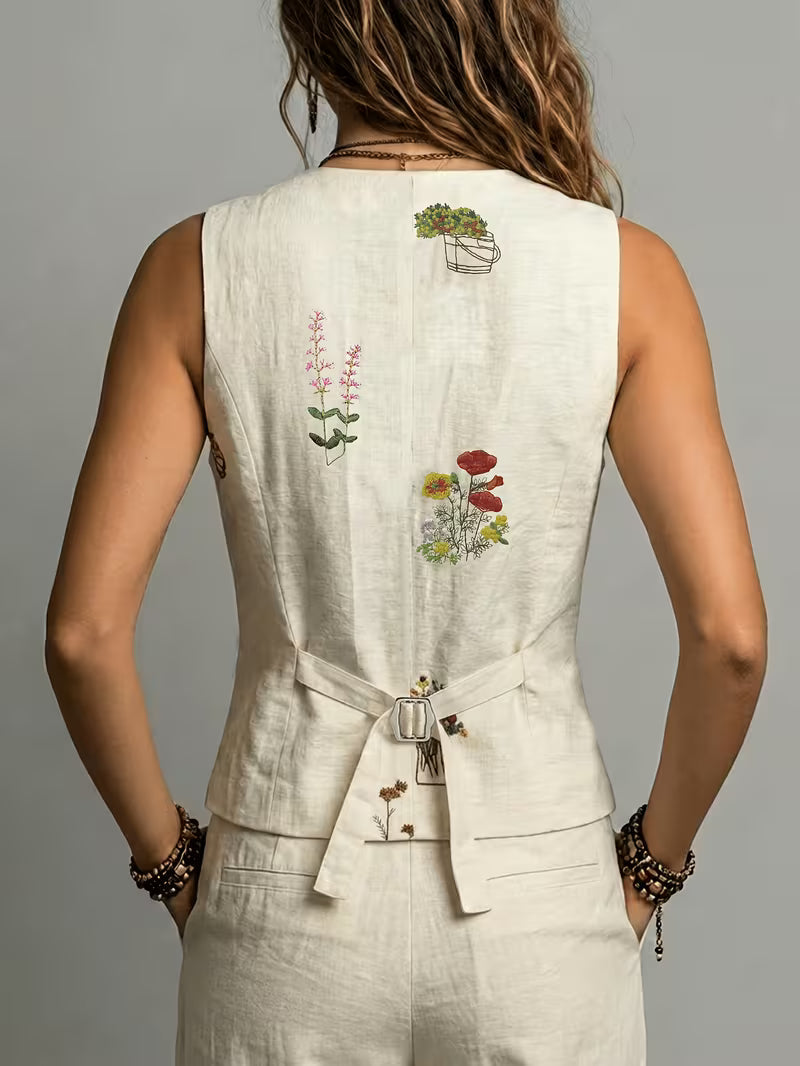Elena | Embroidered Sleeveless Linen Vest