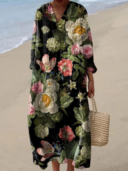 Zylina | Dress Floral Print V-Neck Three-Quarter Sleeve Midi