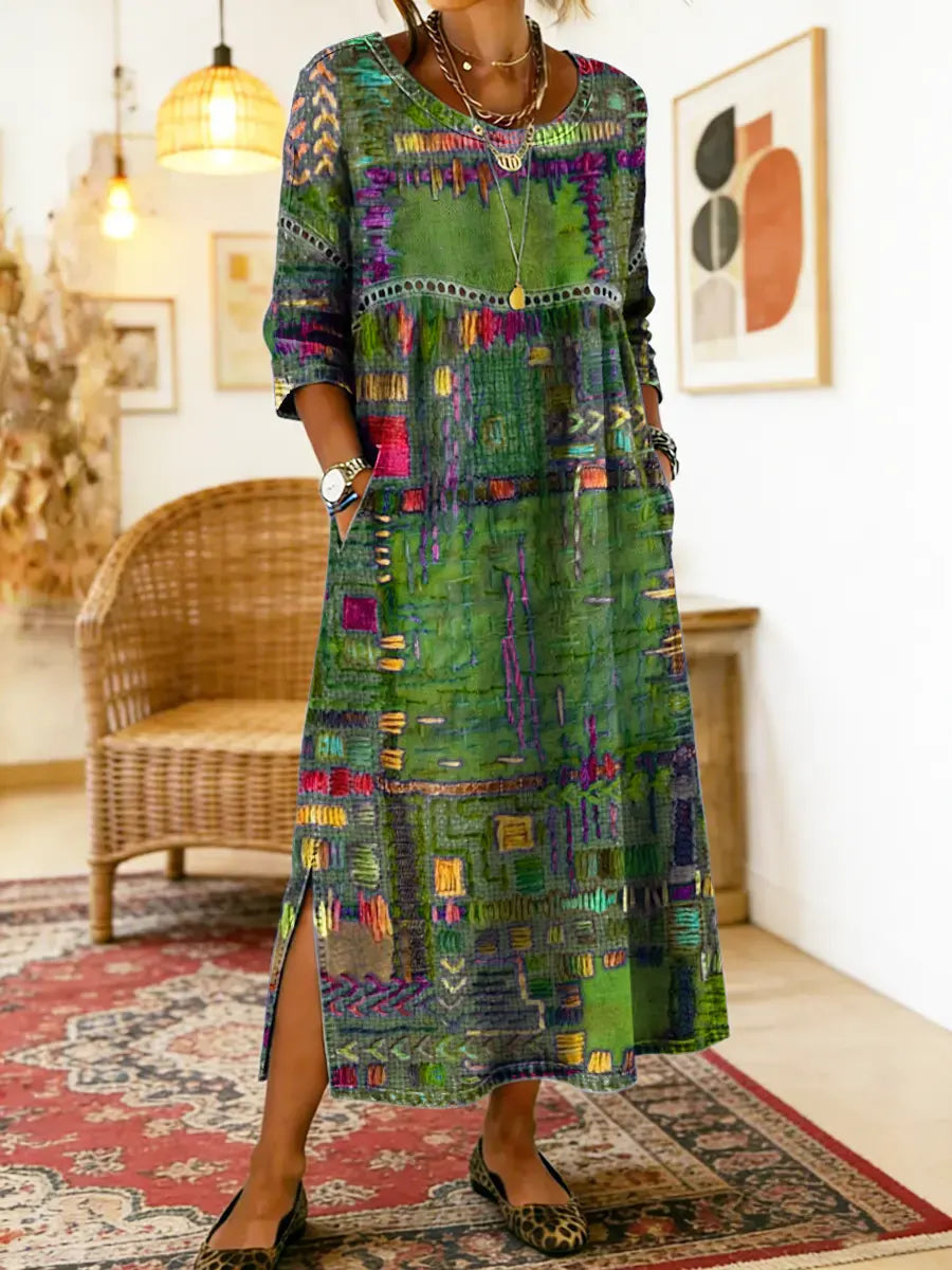 Nihada | Midi Dress Round Neck Abstract Print
