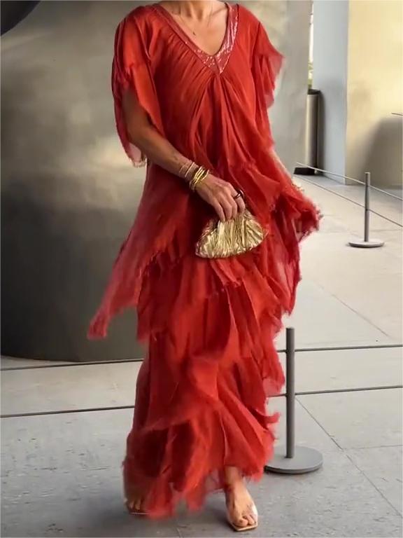 Carlijn | V-Neck Ruffle Maxi Dress Flutter Sleeve