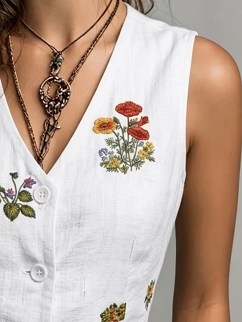 Elena | Embroidered Sleeveless Linen Vest