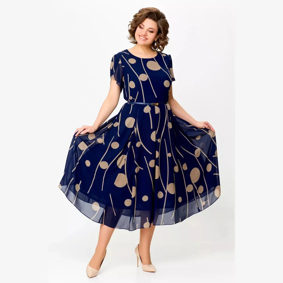 Nazeli | Midi Dress Short Sleeve Abstract Dot Print