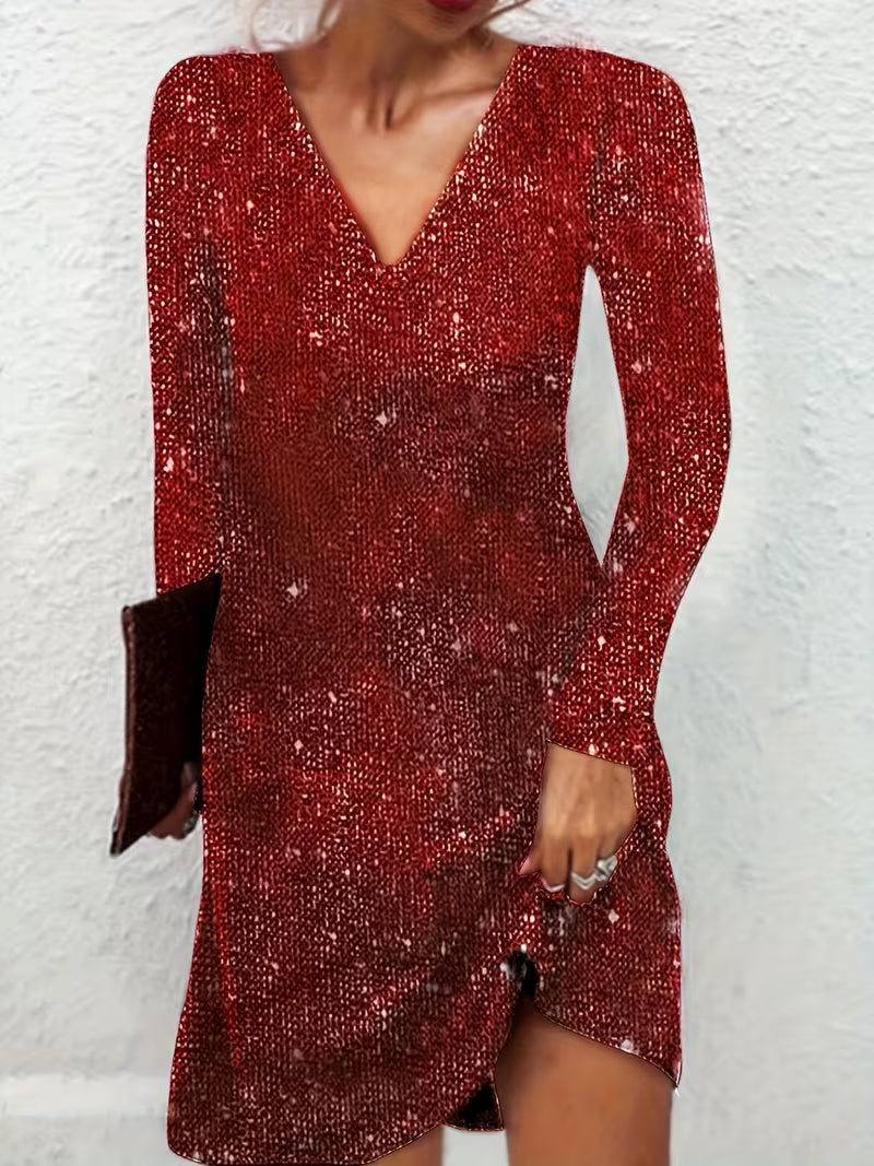 Eglantina | Sequin V Neck Long Sleeve Dress