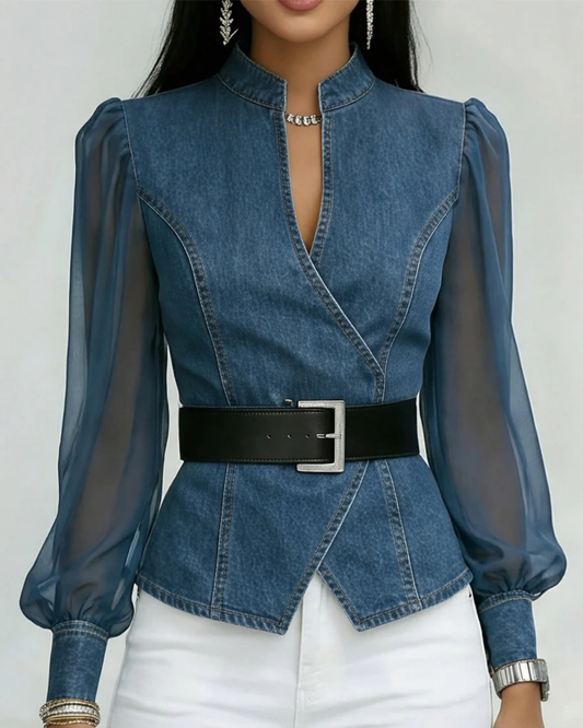 Vessa | Denim-Style Sheer Sleeve Blouse