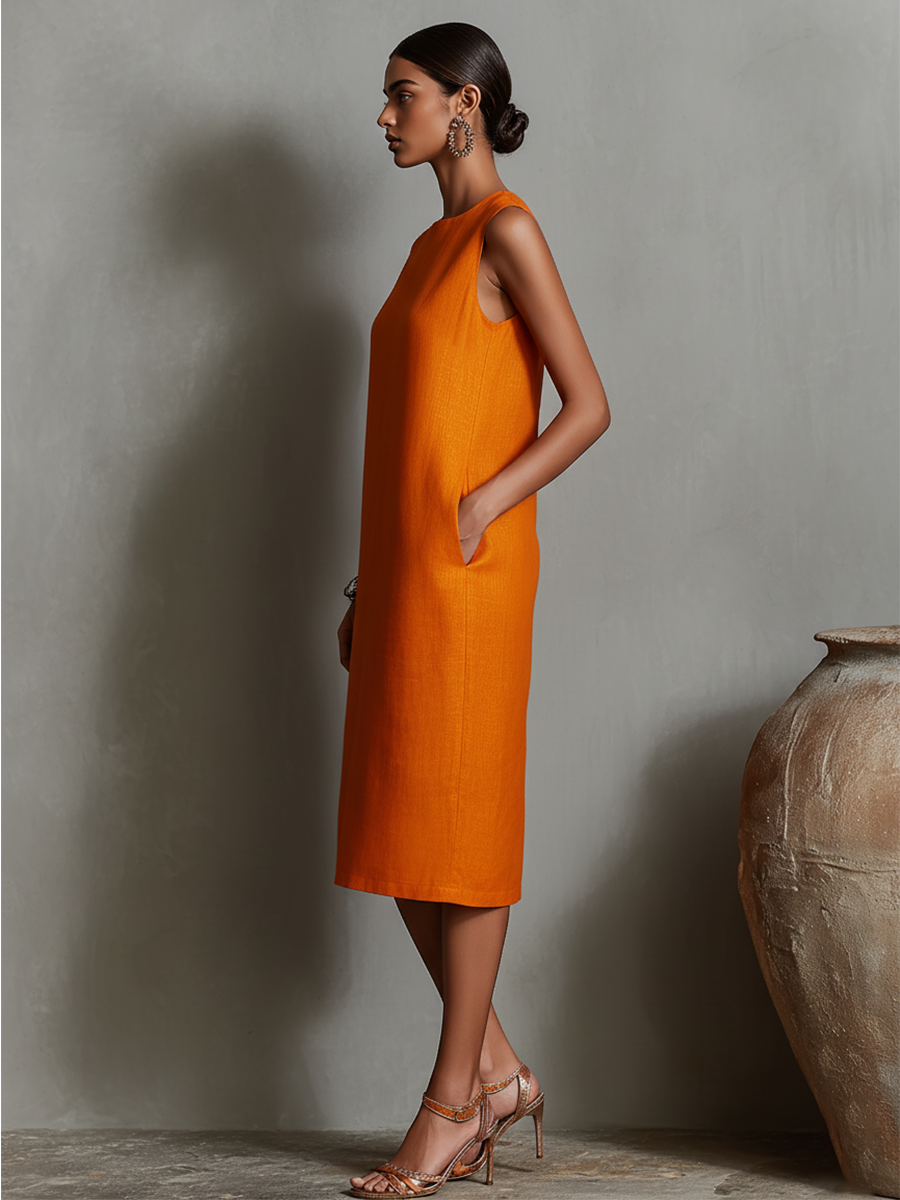 Katalina | Sleeveless Crew Neck Midi Pocket Dress