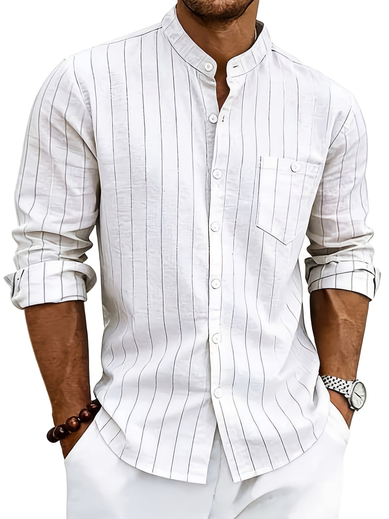 Leslie | Long Sleeve Striped Band Collar Shirt