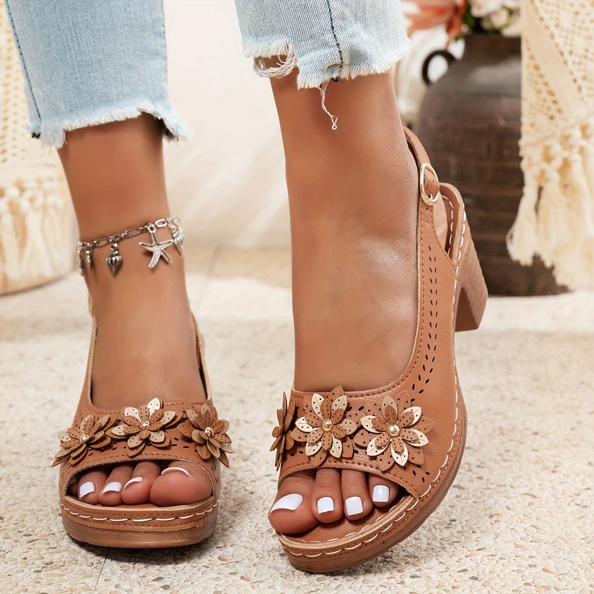 Haisley | Slingback Block Heel Floral Sandals
