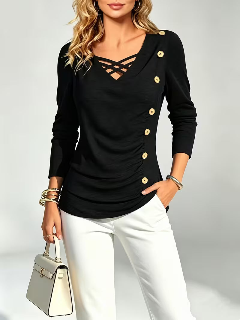 Keziana | Top V-Neck Crisscross Long Sleeve Button