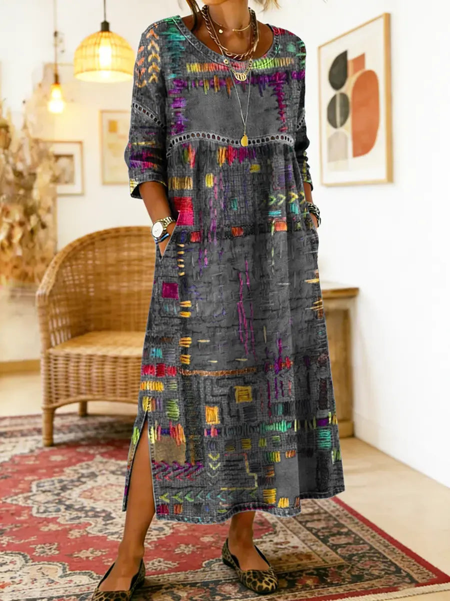 Nihada | Midi Dress Round Neck Abstract Print