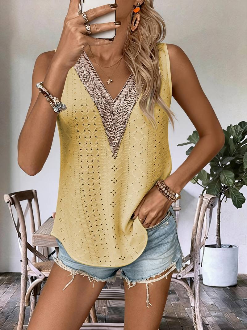 Lavinia | Top with Sleeveless Eyelet V Neck