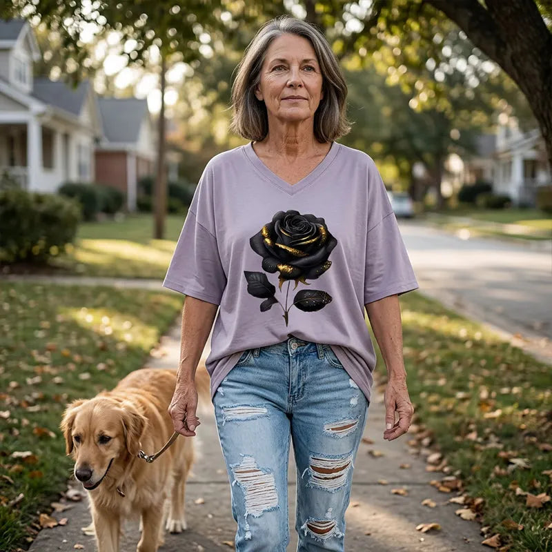 Aijia | T-Shirt Rose Print V-Neck Relaxed Fit