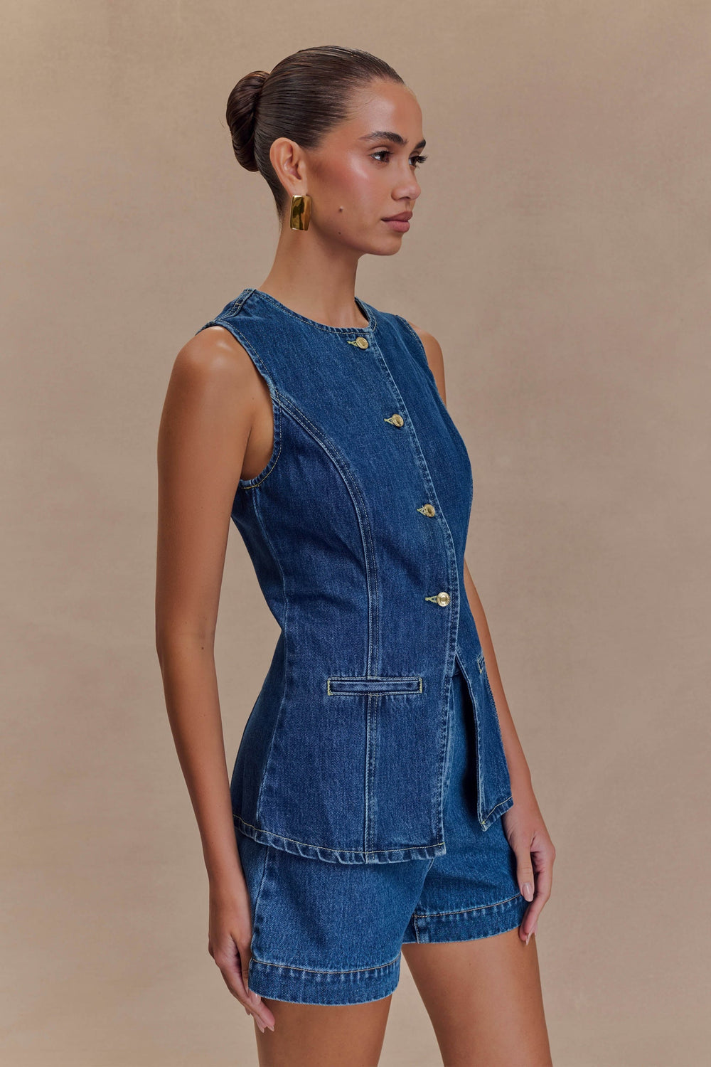 Vespera | Denim Sleeveless Peplum Top Shorts Set