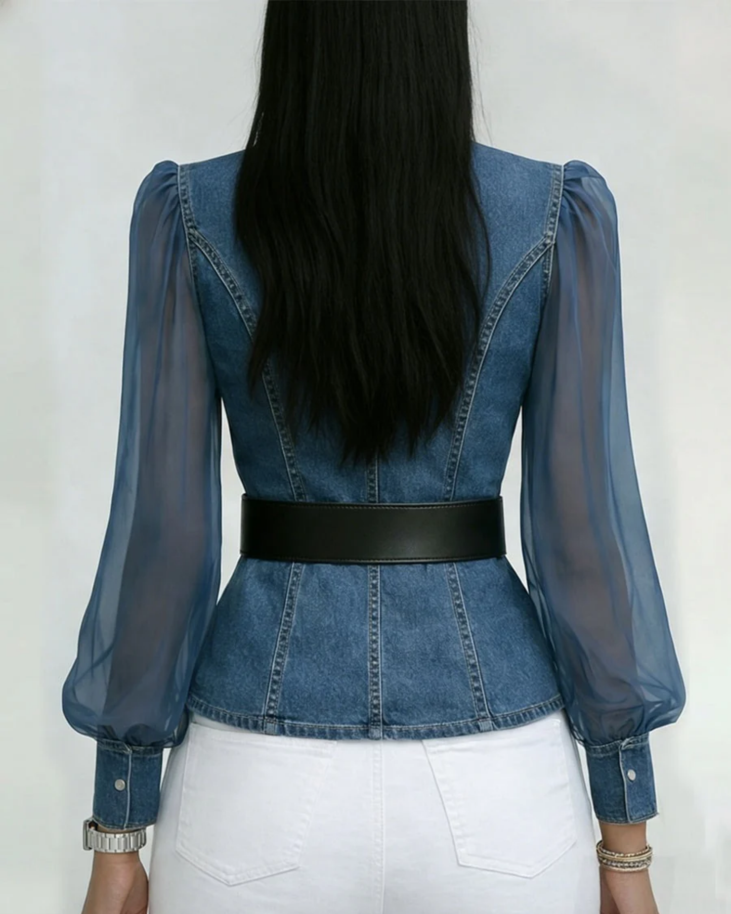 Vessa | Denim-Style Sheer Sleeve Blouse