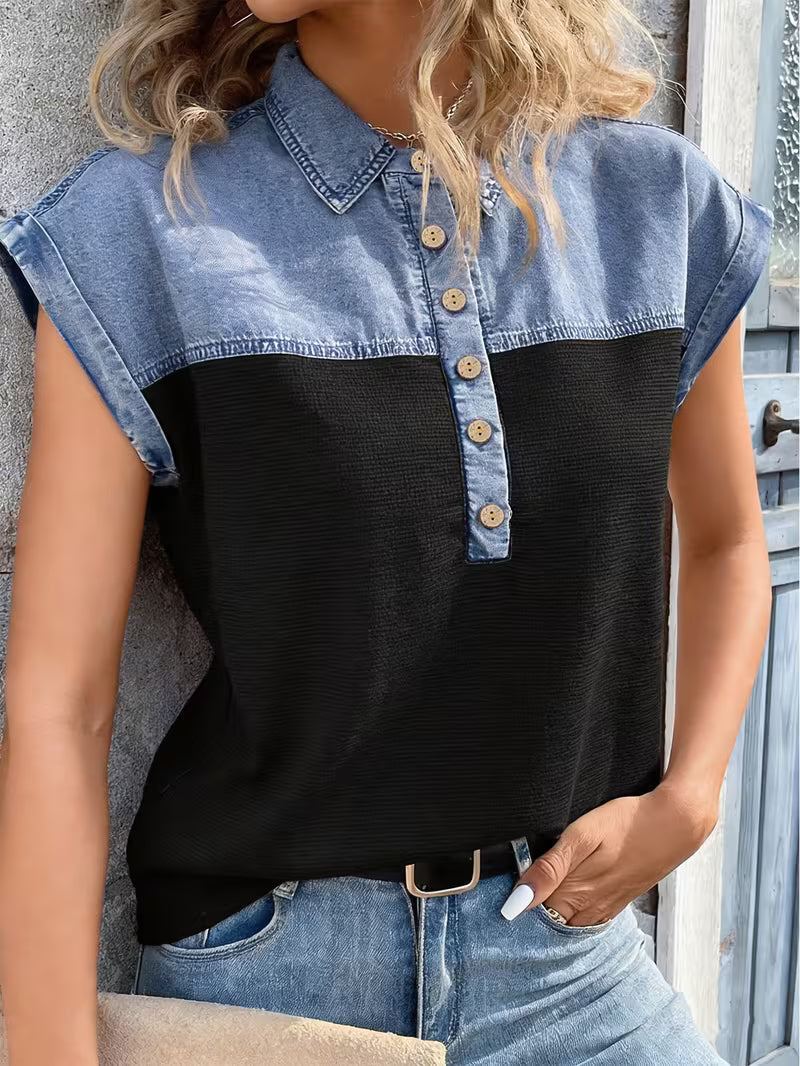 Haily | Denim Patchwork Collared Short Sleeve Top