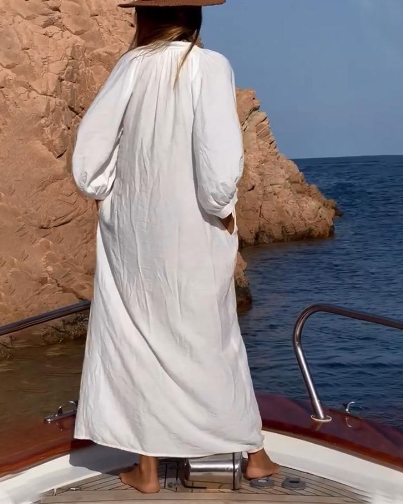 Reena | Maxi Dress White Button Front Long Sleeve