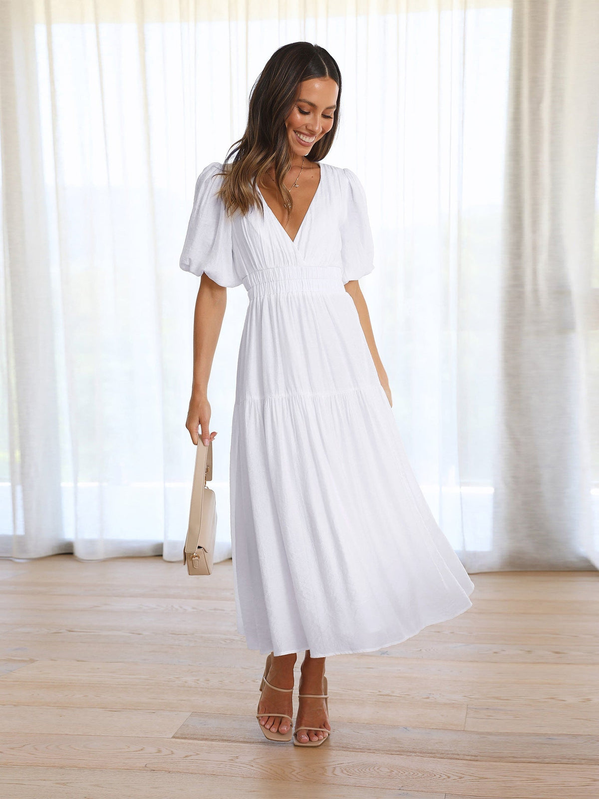 Delphine | Midi Dress V Neck Puff Sleeve