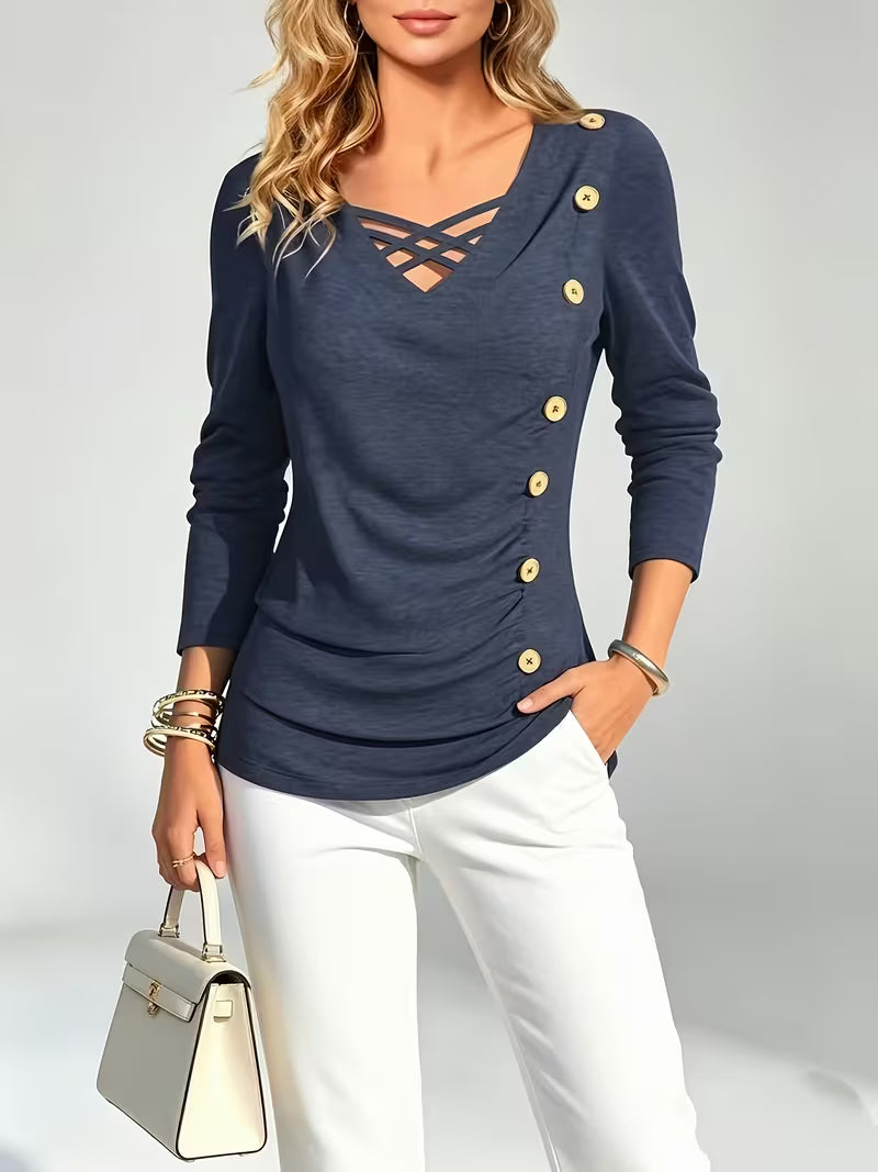 Keziana | Top V-Neck Crisscross Long Sleeve Button