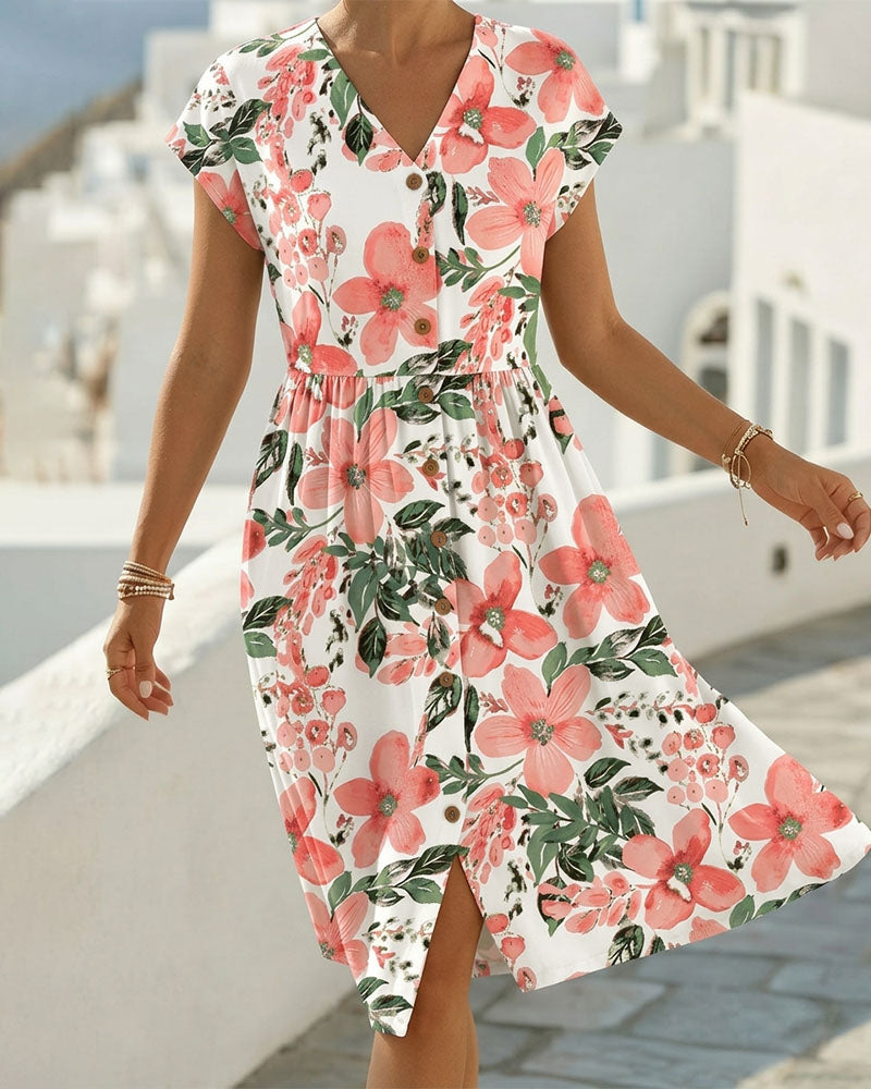 Sinera - Floral Print Short Sleeve Midi Dress